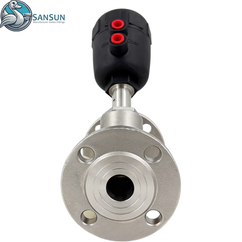 Sanitary Stainless Steel Flange Angle Seat Valve with Plastic Pneumatic Actuator