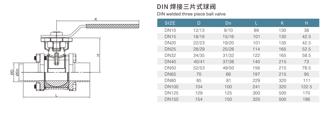 DIN three pipce ball valve
