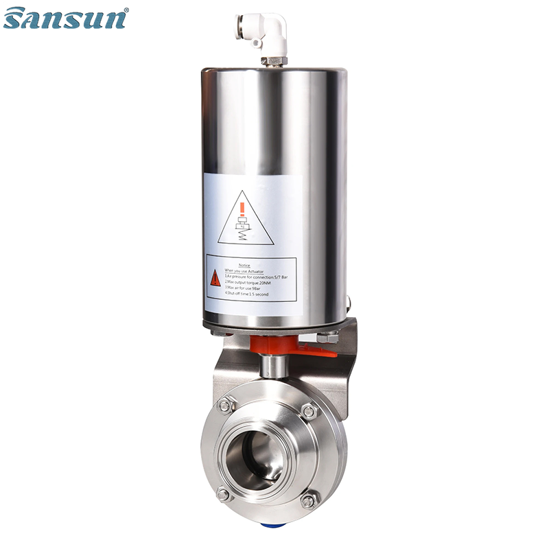 Butt weld single acting pneumatic operated sanitary butterfly valve