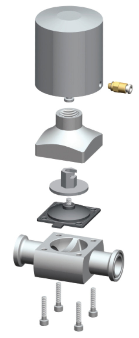 Exploded view of clamp pneumatic mini type diaphragm valve