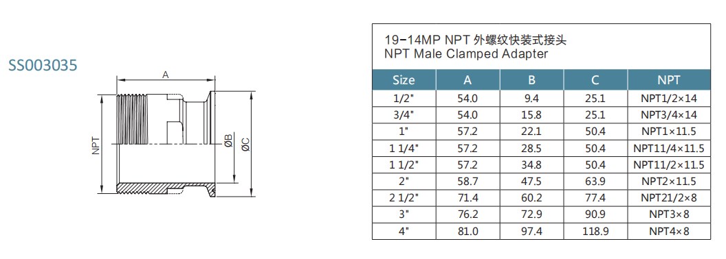 3A NPT male clamped adapter
