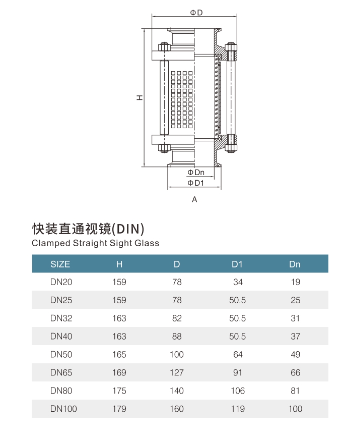 DIN clamped straight sight glass