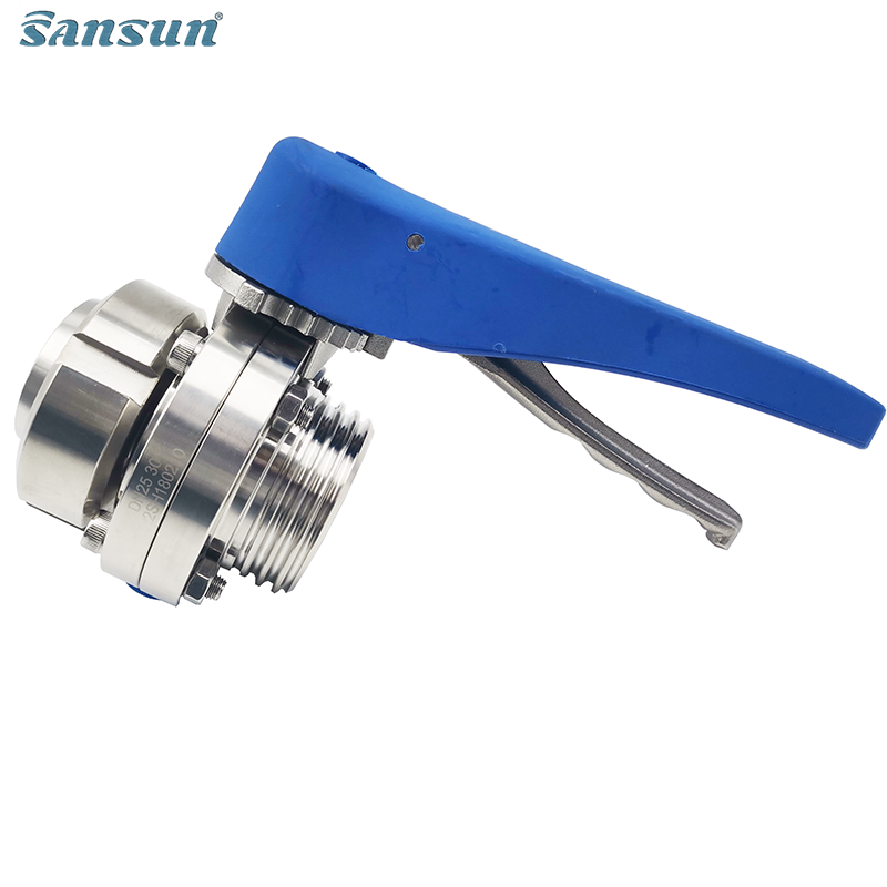 Sanitary Manual Male / Nut union 12 Position Plastic Muti-Position Handle Butterfly Valve