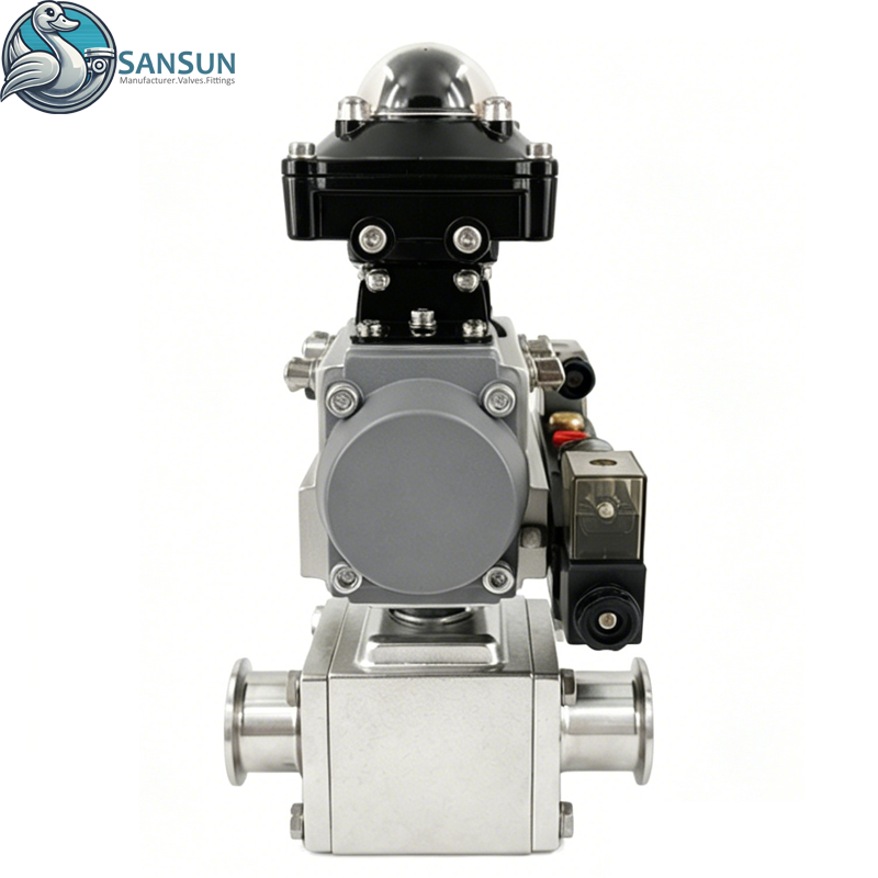 3A Sanitary Tri-Clamp Full Bore 3-Way Ball Valve with Double Acting Aluminum Pneumatic Actuator for Data Center Liquid Cooling