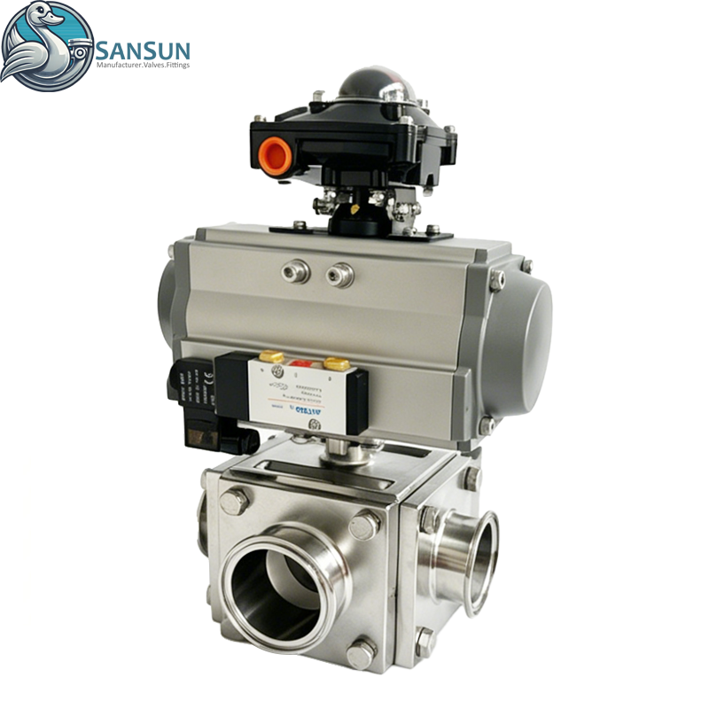316L Stainless Steel 3A Sanitary Full Bore Tri-Clamp 3-Way Ball Valve Single Acting with Actuator