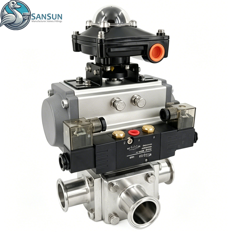3A Sanitary Tri-Clamp Full Bore 3-Way Ball Valve with Double Acting Aluminum Pneumatic Actuator for Data Center Liquid Cooling