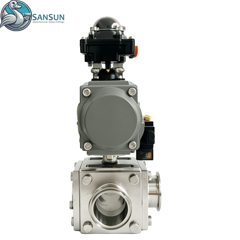 316L Stainless Steel 3A Sanitary Full Bore Tri-Clamp 3-Way Ball Valve Single Acting with Actuator