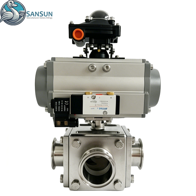 316L Stainless Steel 3A Sanitary Full Bore Tri-Clamp 3-Way Ball Valve Single Acting with Actuator